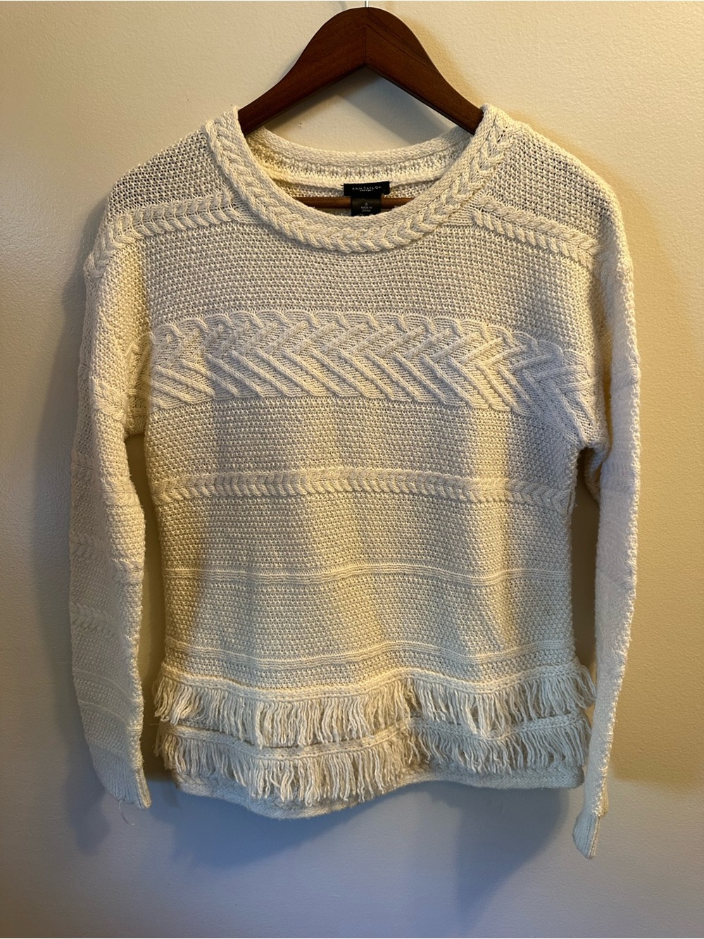 #377 Cream Fringe Cable Knit Sweater - Unknown Brand